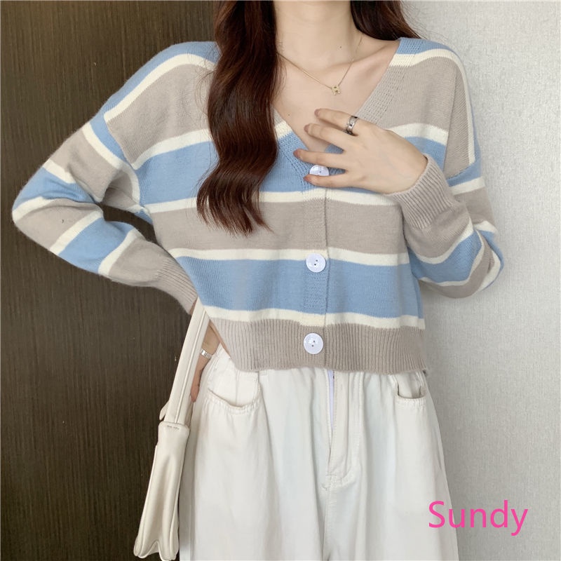 Áo khoác cardigan dệt kim cổ chữ V kẻ sọc phong cách mùa thu cho nữ