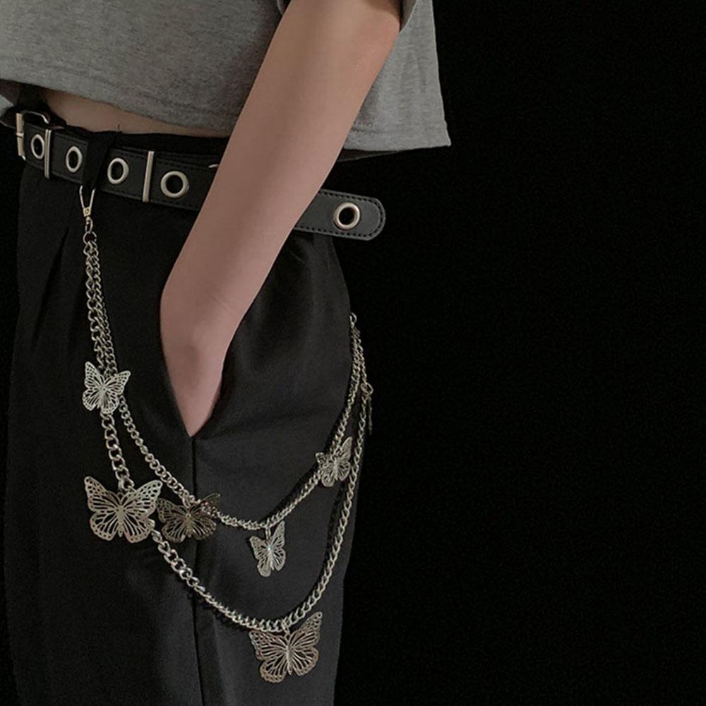 Dây Xích Đeo Thắt Lưng Quần Jean Dài Hai Lớp Họa Tiết Bướm Phong Cách Punk