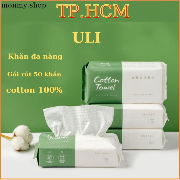 Khăn tẩy trang 50 miếng dạng gói rút Uli xanh lá. Khăn giấy 1 lần thành phần tự nhiên mềm mại sạch sẽ