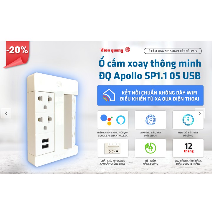 Ổ cắm điện thông minh tích hợp Wifi, 2 cổng USB, chia 5 ổ cắm đa năng, hàng cao cấp Điện Quang