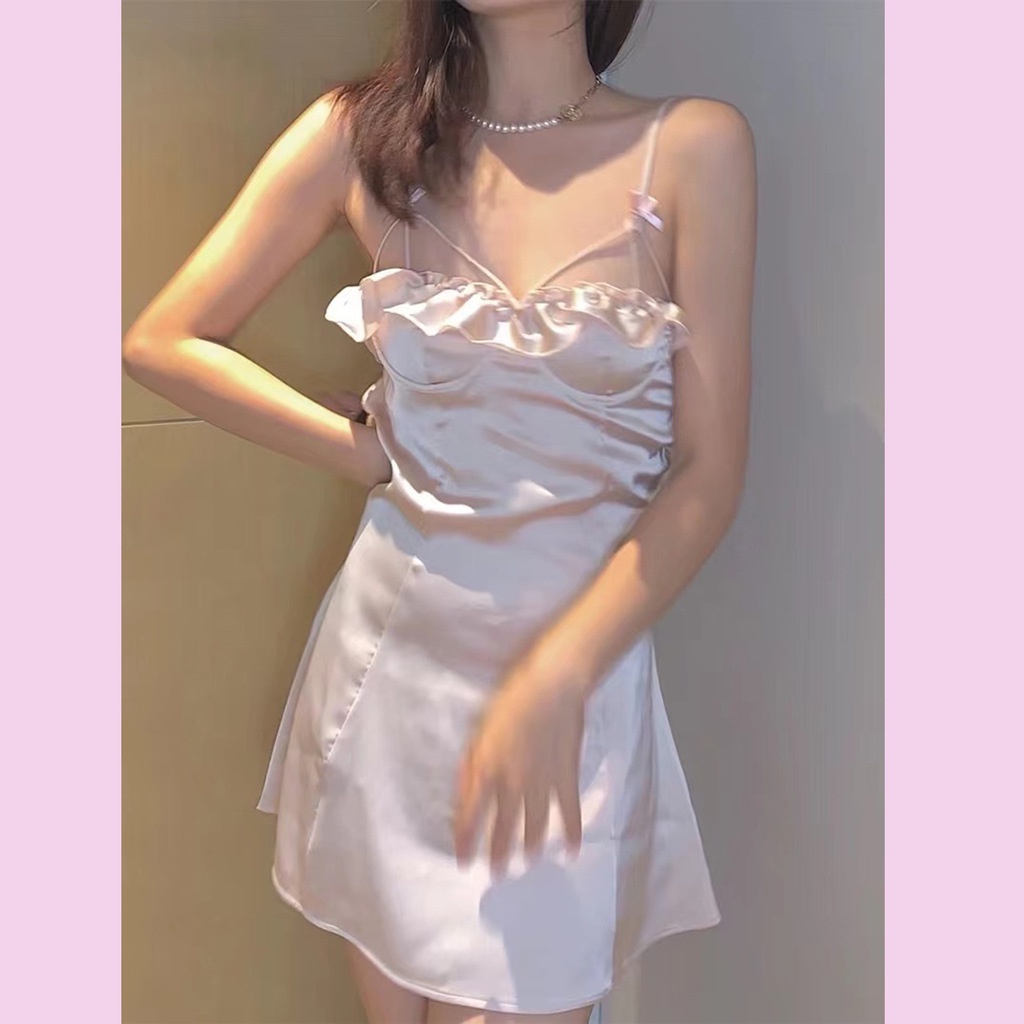 Đầm Ngủ Bằng Lụa Lạnh Nguyên Chất Phong Cách Pháp Gợi Cảm Thời Trang Mùa Hè Mới Cho Nữ