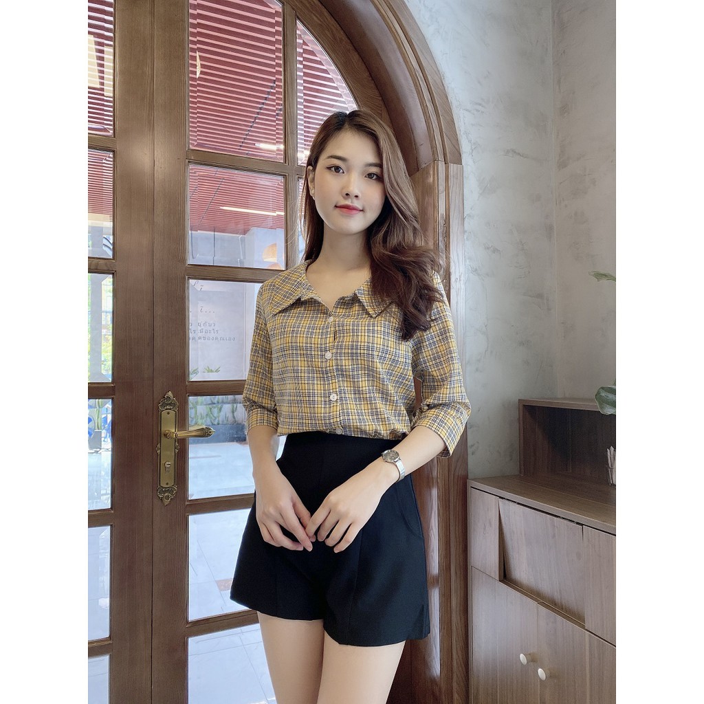 Áo Sơ Mi Nữ Caro Vàng Cam, Áo Công Sở Thời Trang, Áo Nữ Đẹp Phong Cách Vintage, Liin clothing