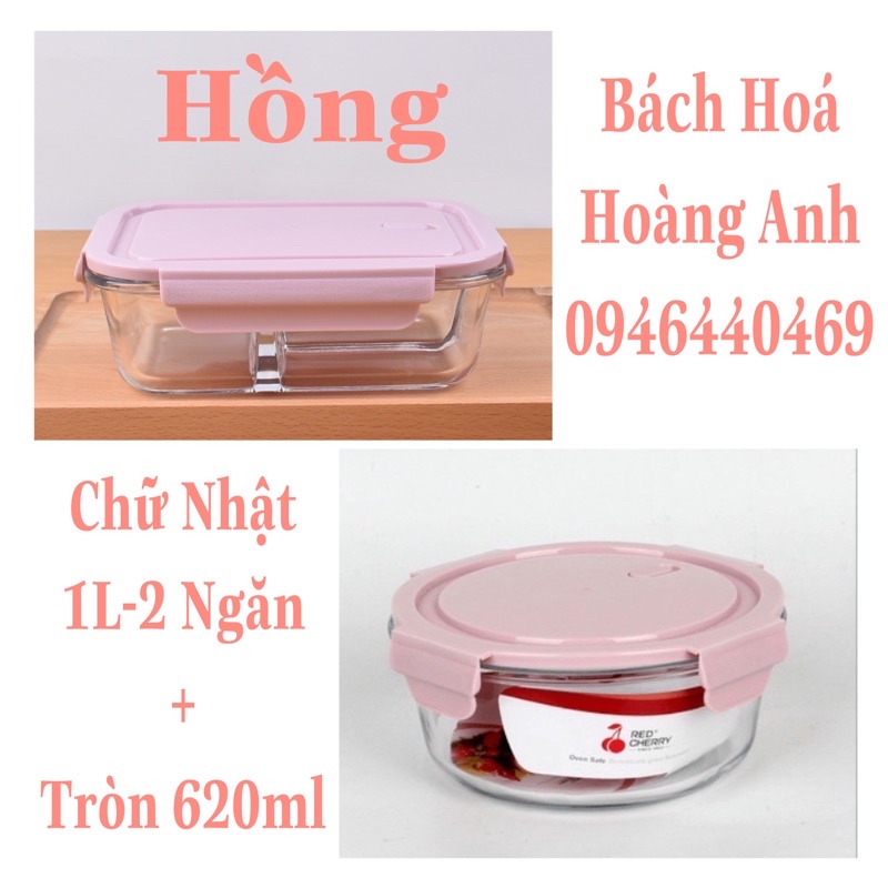 Set Hộp Cơm Thuỷ Tinh Màu Hồng -  Hộp 1L Chữ Nhật 2 Ngăn + Hộp 620ml Tròn - Hộp Mang Cơm Văn Phòng - Chống Tràn