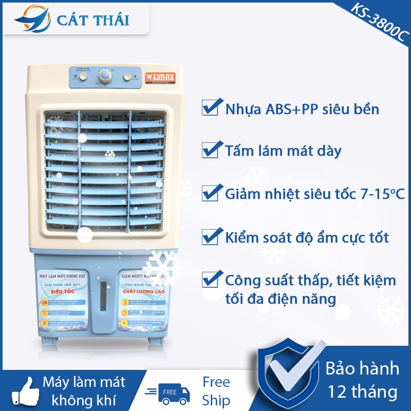 Quạt điều hòa KS-3800C giảm nhiệt siêu tốc 7-15 độ C, công suất 130W, tiết kiệm điện năng, tặng kèm 2 hộp đá khô