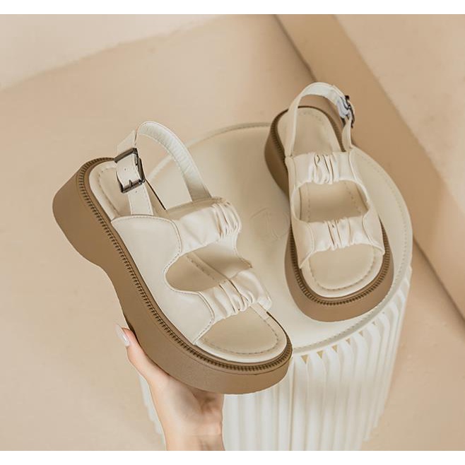 Giày sandal bằng da thật có khóa gài phong cách cổ điển thời trang mùa hè cho nữ