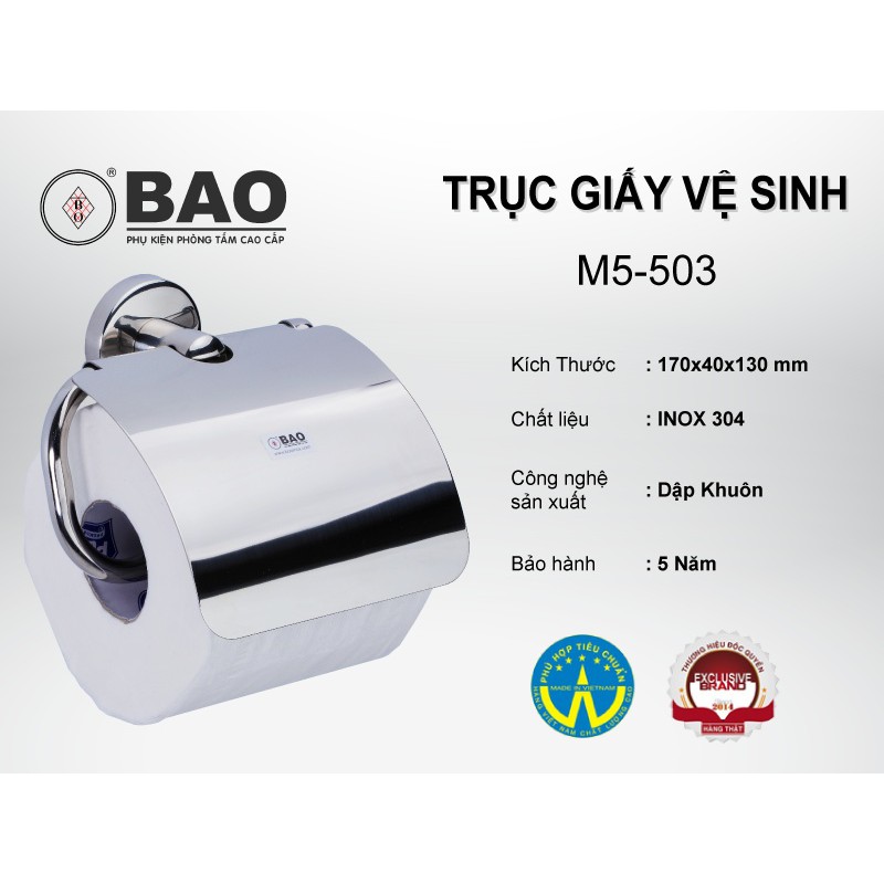 Trục giấy vệ sinh BAO Inox M5-503 bảo hành 5 năm, không gỉ sét, khó cong vênh