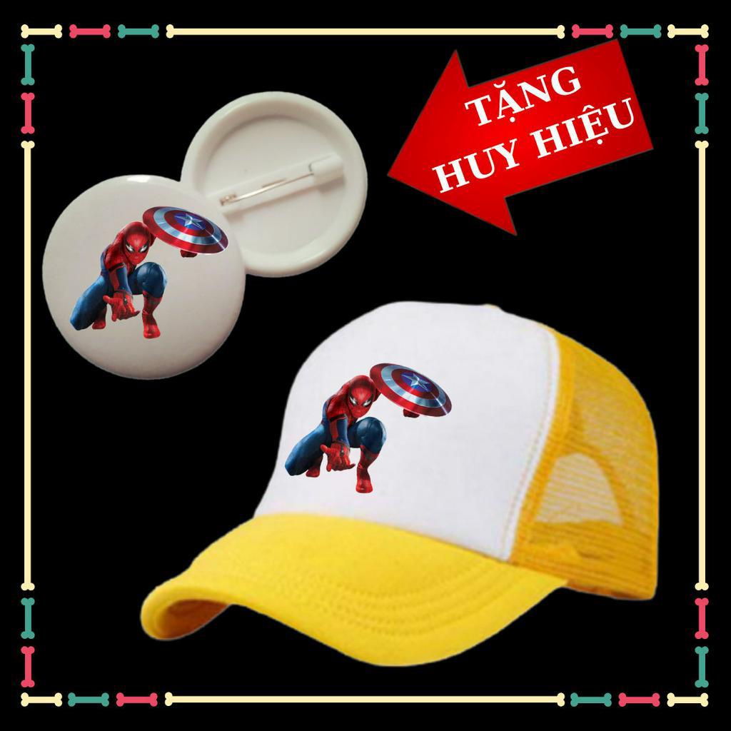 Mũ lưỡi trai trẻ em in hình siêu nhân Spiderman siêu ngầu-Tặng kèm huy hiệu Marvel