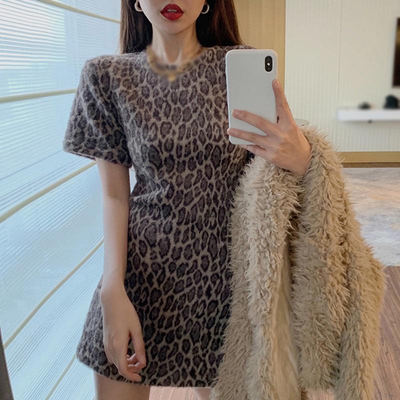 Đầm Nữ Tay Ngắn Dáng Rộng Họa Tiết Da Báo Phong Cách Hàn Quốc