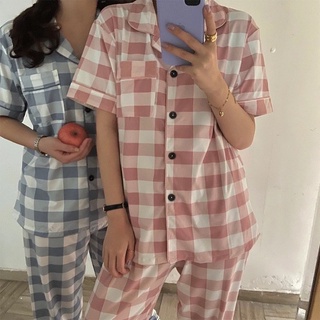 Set bộ đồ mặc nhà Pyjama tay ngắn hoạ tiết kẻ sọc caro phong cách Hàn Quốc thời trang