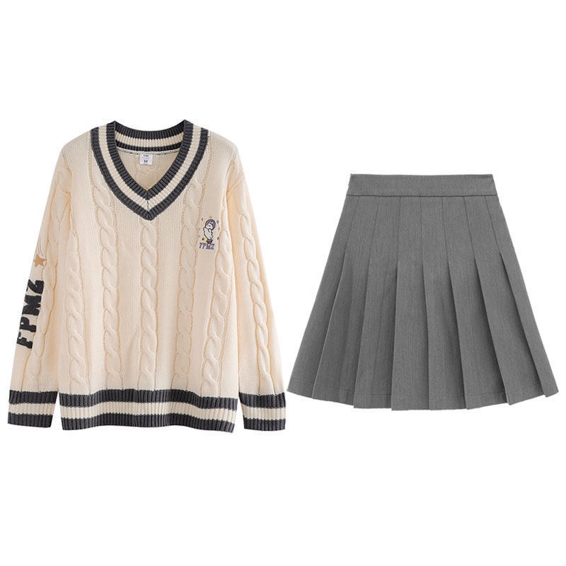 Set áo sweater/ áo sơ mi trắng và chân váy xếp li thanh lịch cho nữ