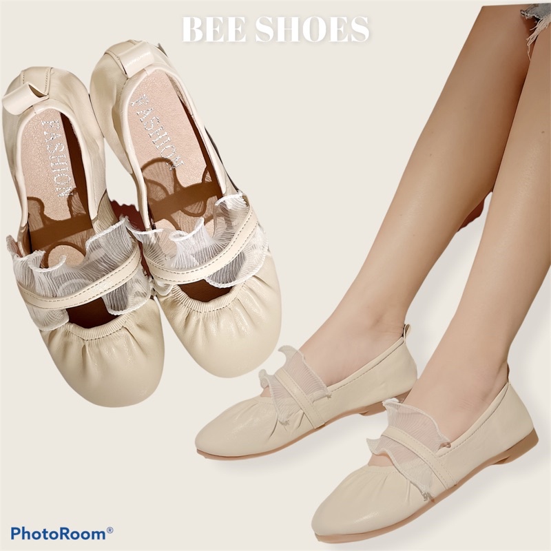 BEESHOES - GIÀY BÚP BÊ NỮ MŨI TRÒN QUAI NGANG BÈO ĐẾ BỆT - GIÀY BÚP BÊ NỮ MŨI TRÒN ĐẾ BỆT SẴN MÀU KEM - TRẮNG 210360