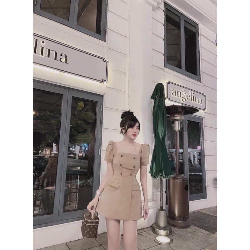 Váy kaki cổ vuông
