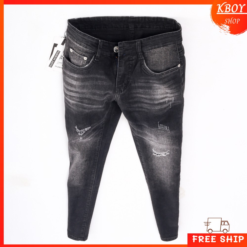 Quần jeans nam [𝐅𝐑𝐄𝐄 𝐒𝐇𝐈𝐏] Quần Jean ống ôm trơn rách nhẹ, vải co giãn cao cấp hợp dáng - QJ02