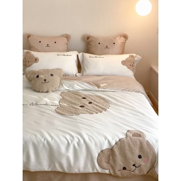Bộ chăn ga kèm vỏ gối Teddy Bear Lụa tặng kèm gấu teddy xinh xắn