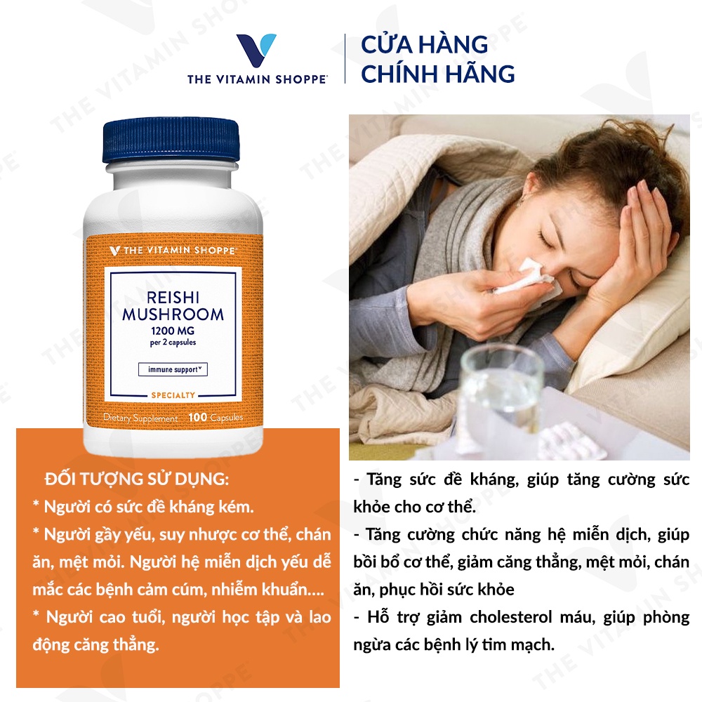 Viên uống nấm linh chi tăng cường đề kháng THE VITAMIN SHOPPE Reishi Mushroom 1200 MG 100 viên