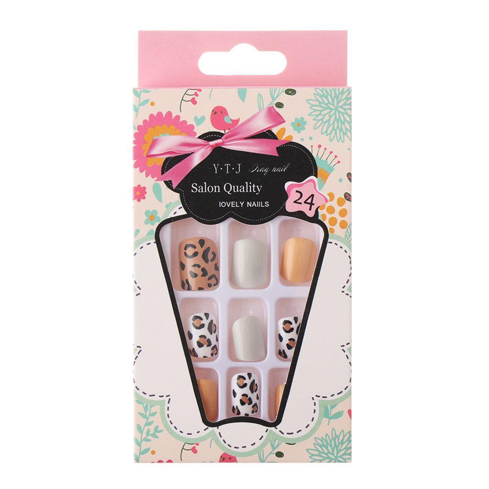 PATH Hộp 24 Móng Tay Giả Đầu Tròn Họa Tiết Da Báo