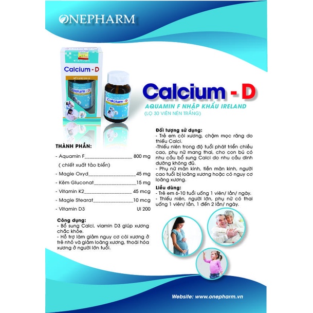 Canxi Calcium-D Lọ 30 viên bổ sung Canxi, viamin D3 Hỗ trợ làm giảm nguy cơ còi xương ở trẻ nhỏ giảm loãng xương