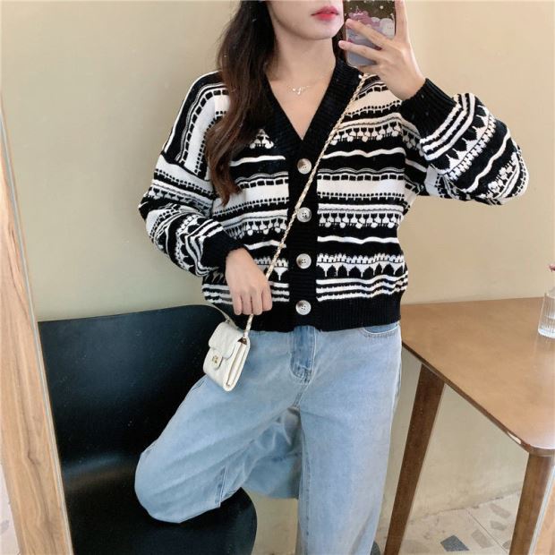 Áo cardigan dệt kim cổ chữ V tay dài họa tiết kẻ sọc trẻ trung cho nữ Unique