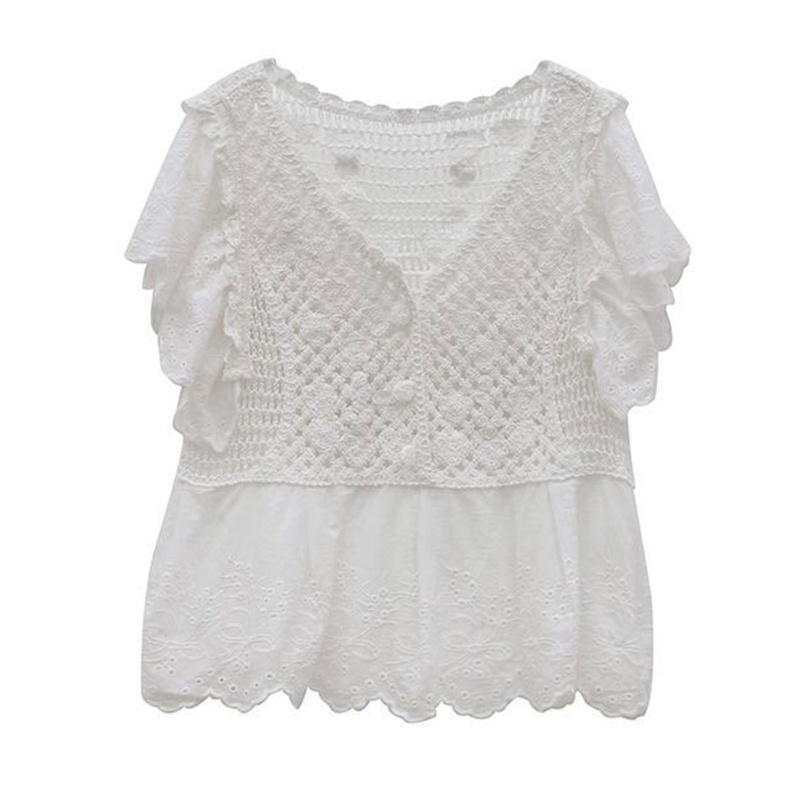 Brroa Áo Thun Dệt Kim Tay Ngắn Cổ Chữ V Phối Bèo Cài Nút Khoét Rỗng Gợi Cảm Mùa Hè Cho Nữ