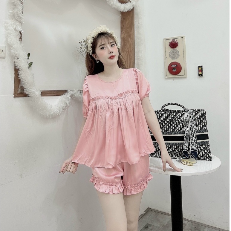 (Fressize shp 50k) Đồ Bộ  Nhistore Lua Latin  Áo Tay Phồng Viền Quần Ngắn Bèo Có Túi Freesize Dưới 57kg