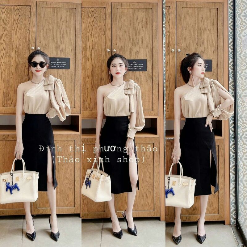 Set Áo Lụa Lệch Vai Nơ Mix Chân Váy Đen Xẻ Tà