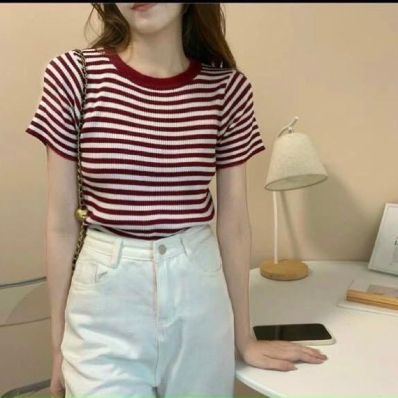 Áo len dệt kim sọc dáng lửng