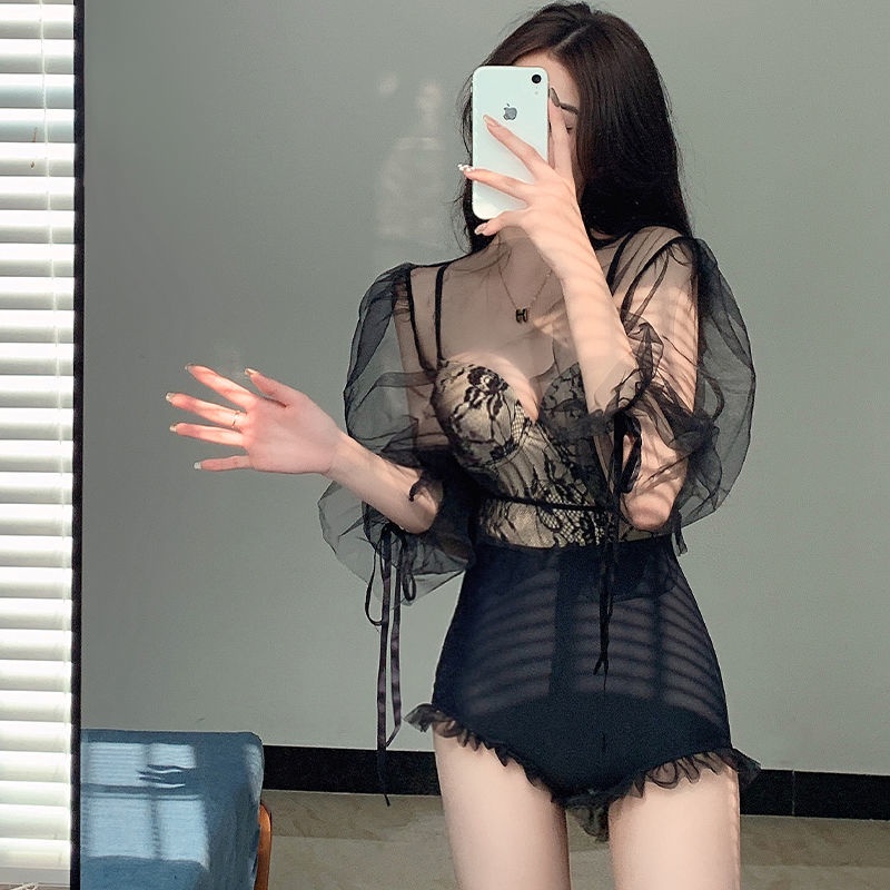 Bộ Đồ Bơi 2 Mảnh Tay Dài Lưng Cao Phối Ren Xuyên Thấu Màu Đen Thời Trang Quyến Rũ Cho Nữ