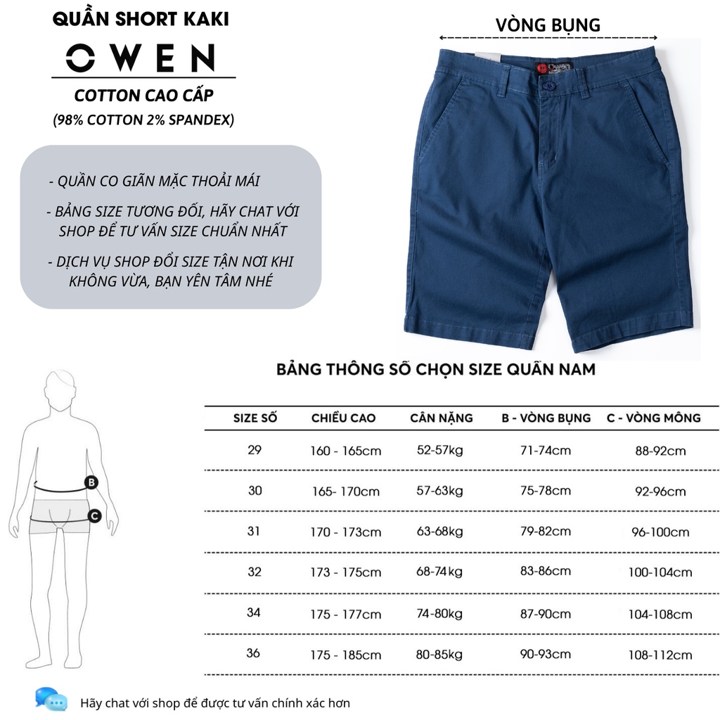Quần short nam kaki OWEN màu xanh than, chất vải cotton cao cấp, co giãn, trẻ trung, dáng slimfit năng động