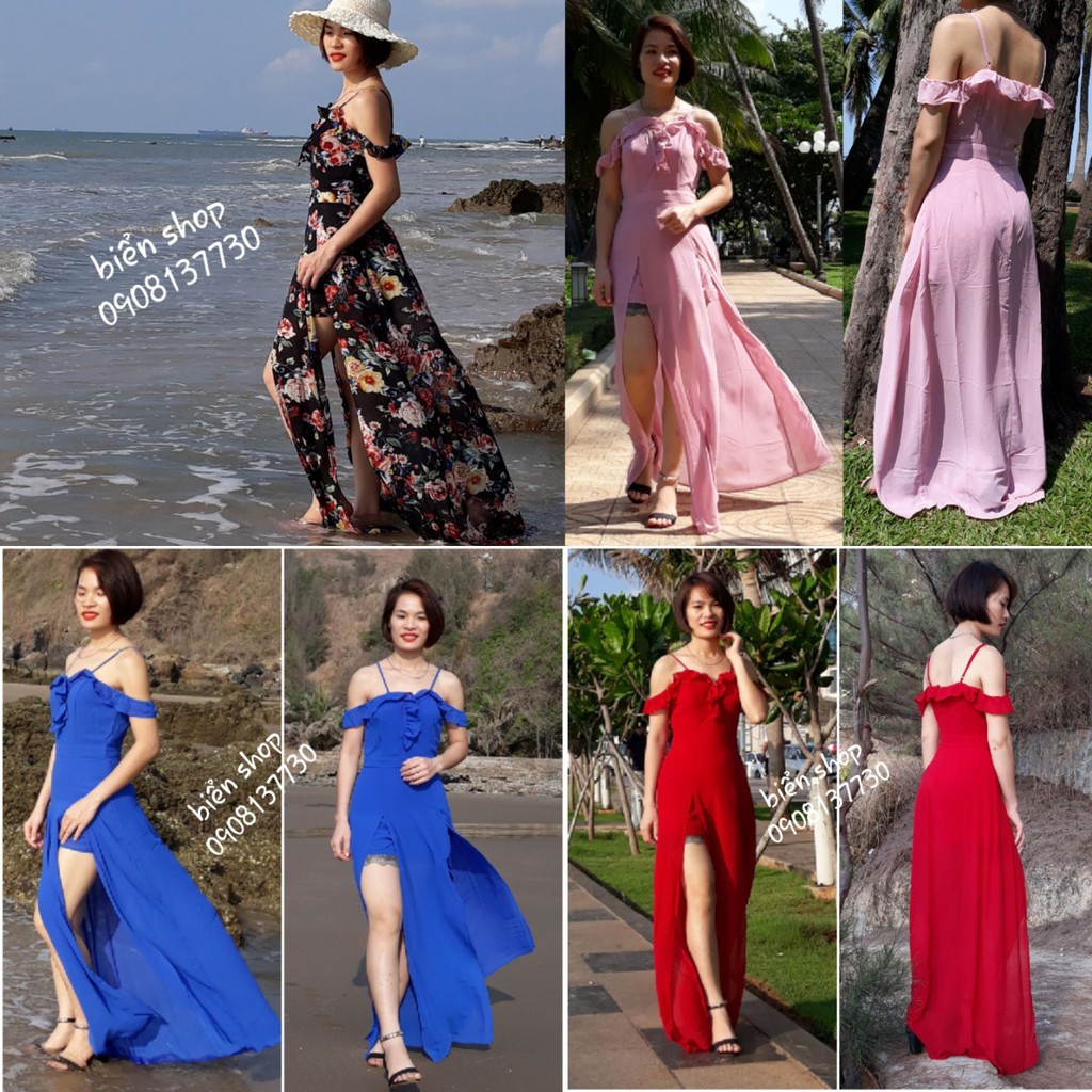 Maxi rớt vai xẻ tà, đầm xuất
