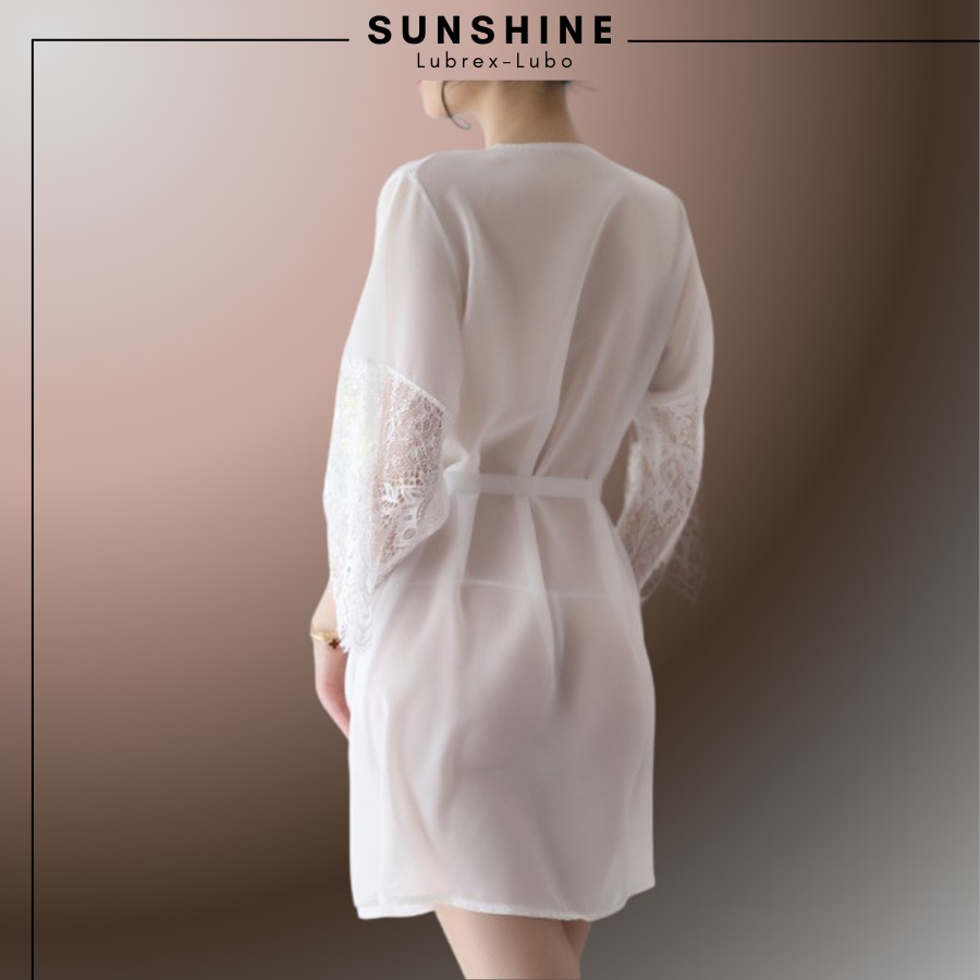 Áo choàng kimono Voan lụa phối ren cao cấp SUNSHINE LUBREX-LUBO  Màu Trắng TINH KHÔI