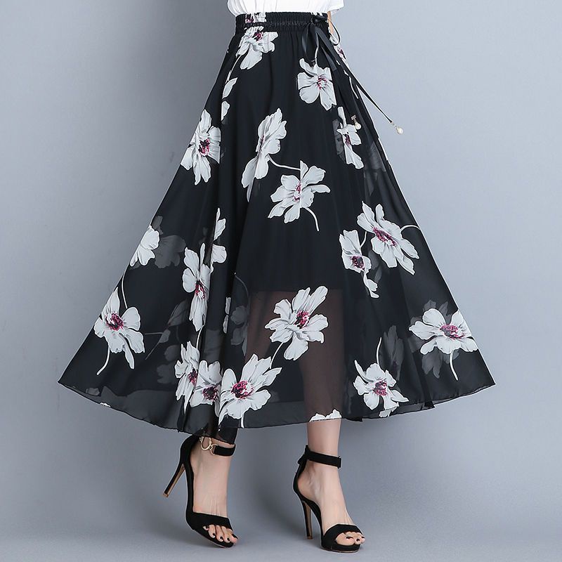 Chiffon Floral Skirt  long skirt, high waist and thin A-line skirt, printed skirt, large swing skirt, mid-length skirt