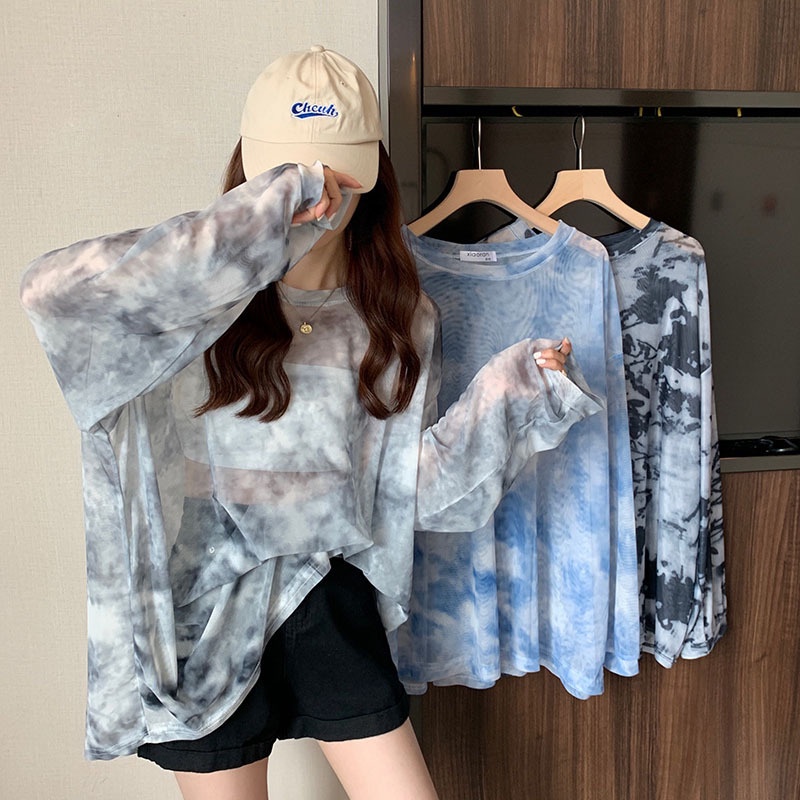 Áo Thun Nữ Tay Dài Dáng Rộng Màu Nhuộm Trong Suốt Thời Trang