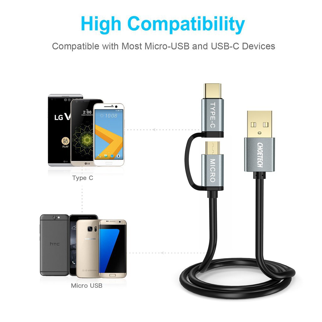 (Mua 1 tặng 1) Dây cáp sạc nhanh 2 in 1 Type-C và Micro USB dài 120CM hiệu CHOETECH MIX00021 - Hàng chính hãng