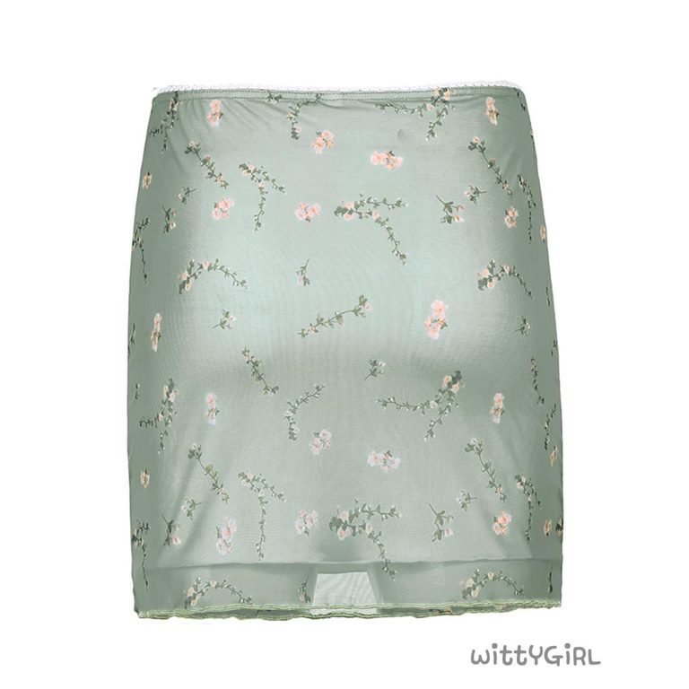 W[]-Women´s Mesh Bodycon Mini Skirt, Vintage Floral Print High Waist Lettuce Trim Short Pencil Skirt