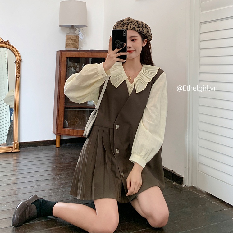 Bộ đầm vest không tay và áo sơ mi 3 màu trơn thời trang retro Hàn Quốc thời trang cho nữ