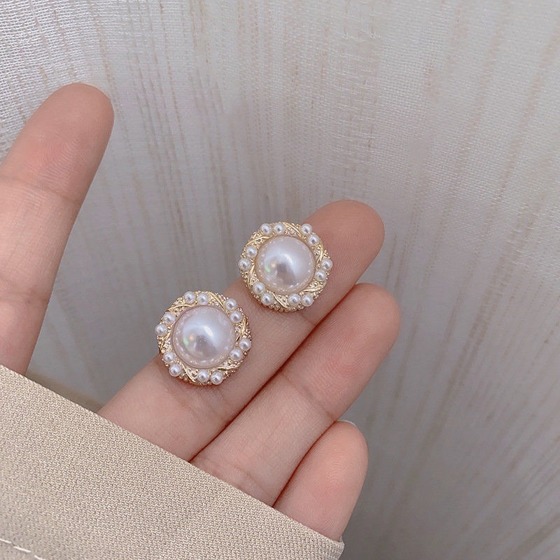 Bông tai nữ hình tròn mạ bạc 925 đính ngọc trai thanh lịch thời trang