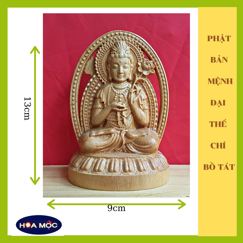 Phật bản mệnh Đại thế chí bồ tát để xe ô tô (tuổi Ngọ) điêu khắc gỗ, kích thước 13x9cm, tượng trang trí ô tô, HOA MỘC