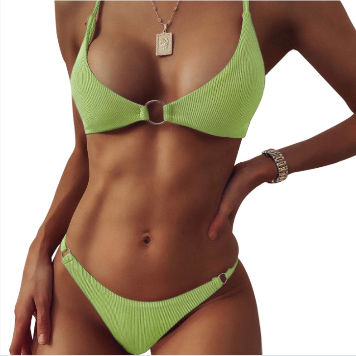 Women Simple Style Solid Color Ring Decoration Bikini Sexy Backless Swimsuit