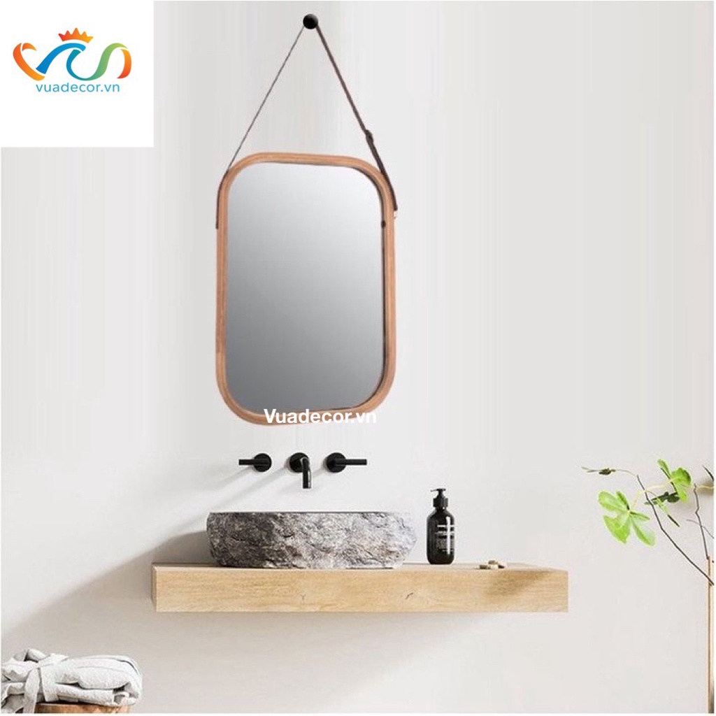 Gương chữ nhật viền gỗ treo phòng tắm bàn trang điểm VUADECOR treo dây da nhiều kích thước