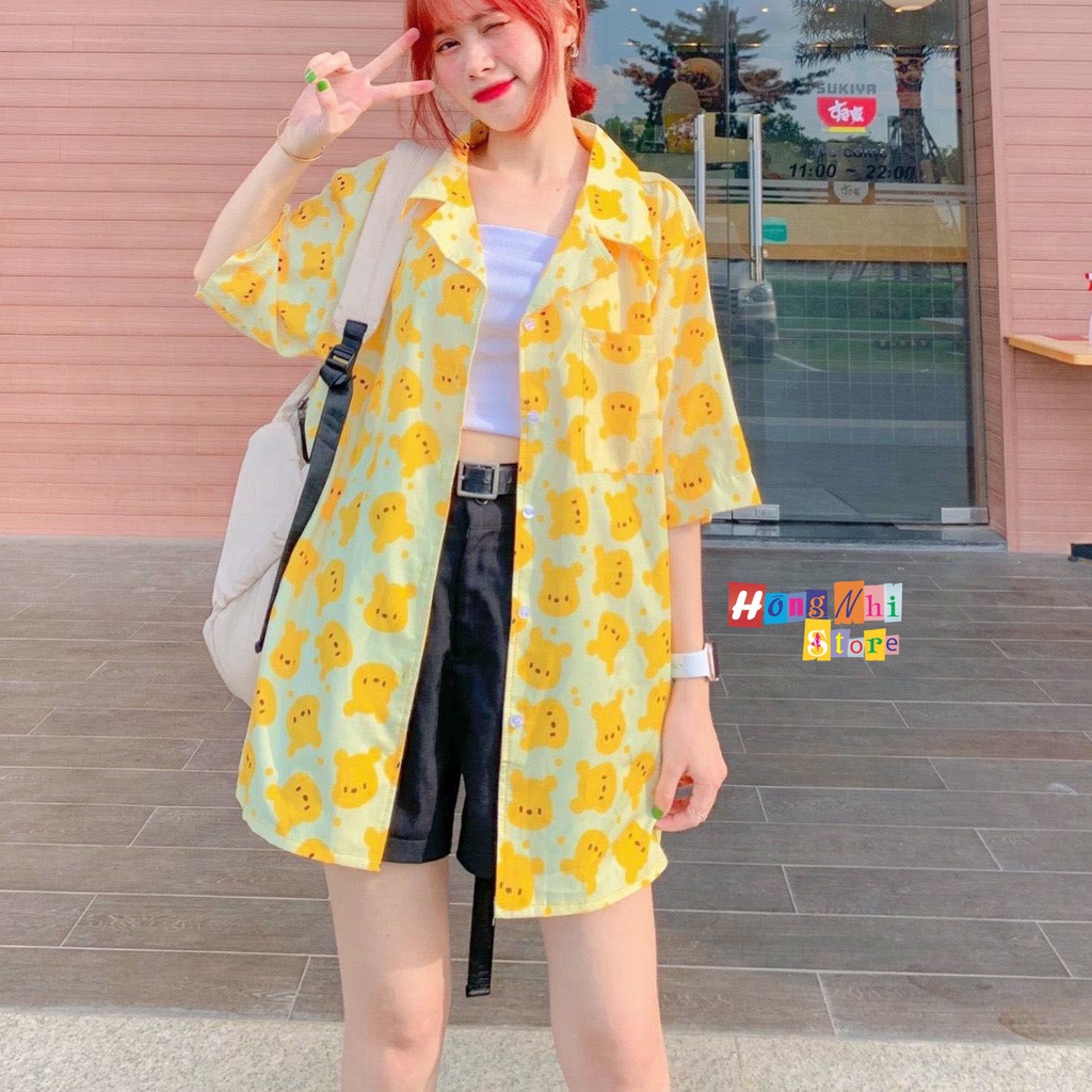Áo Sơ Mi Họa Tiết Gấu Vàng Tay Lỡ Dáng Rộng Ulzzang Unisex, Sơ Mi Đi Biển - MM
