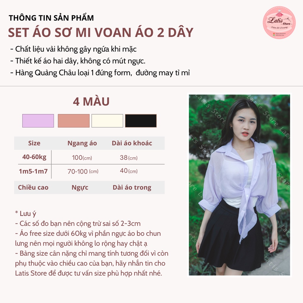 Set Áo Sơ Mi Voan Mỏng Và Áo Hai Dây Đi Biển, Áo Khoác Sơ Mi Voan Hàng Quảng Châu Cao Cấp Latis Store