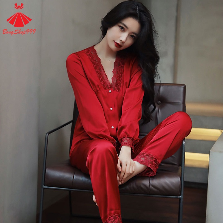 Bộ đồ ngủ pijama nữ vải lụa dài tay, cổ chữ V phối ren quyến rũ, phong cách ngọt ngào bongshop999 PR