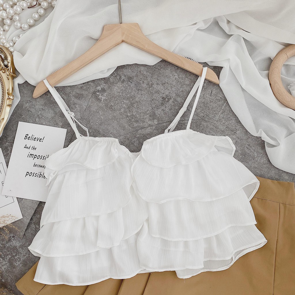 SET CROPTOP TRẮNG 2 DÂY BÈO TẦNG + CHÂN VÁY NUDE XẾP LY | BigBuy360 - bigbuy360.vn