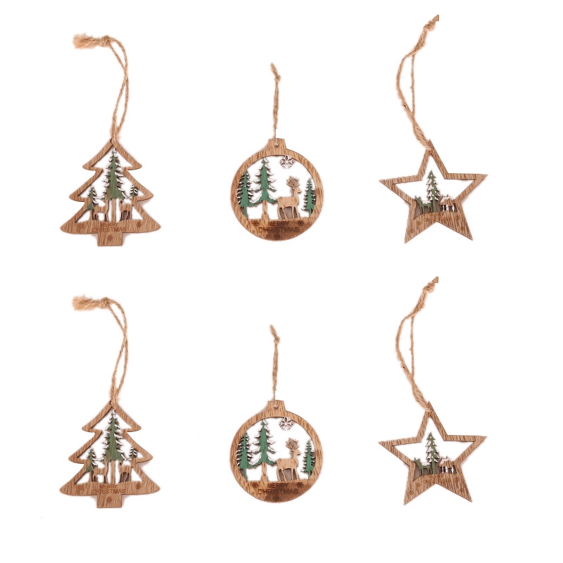 Bộ 6 phụ kiện gỗ họa tiết rỗng treo cây thông trang trí lễ giáng sinh
