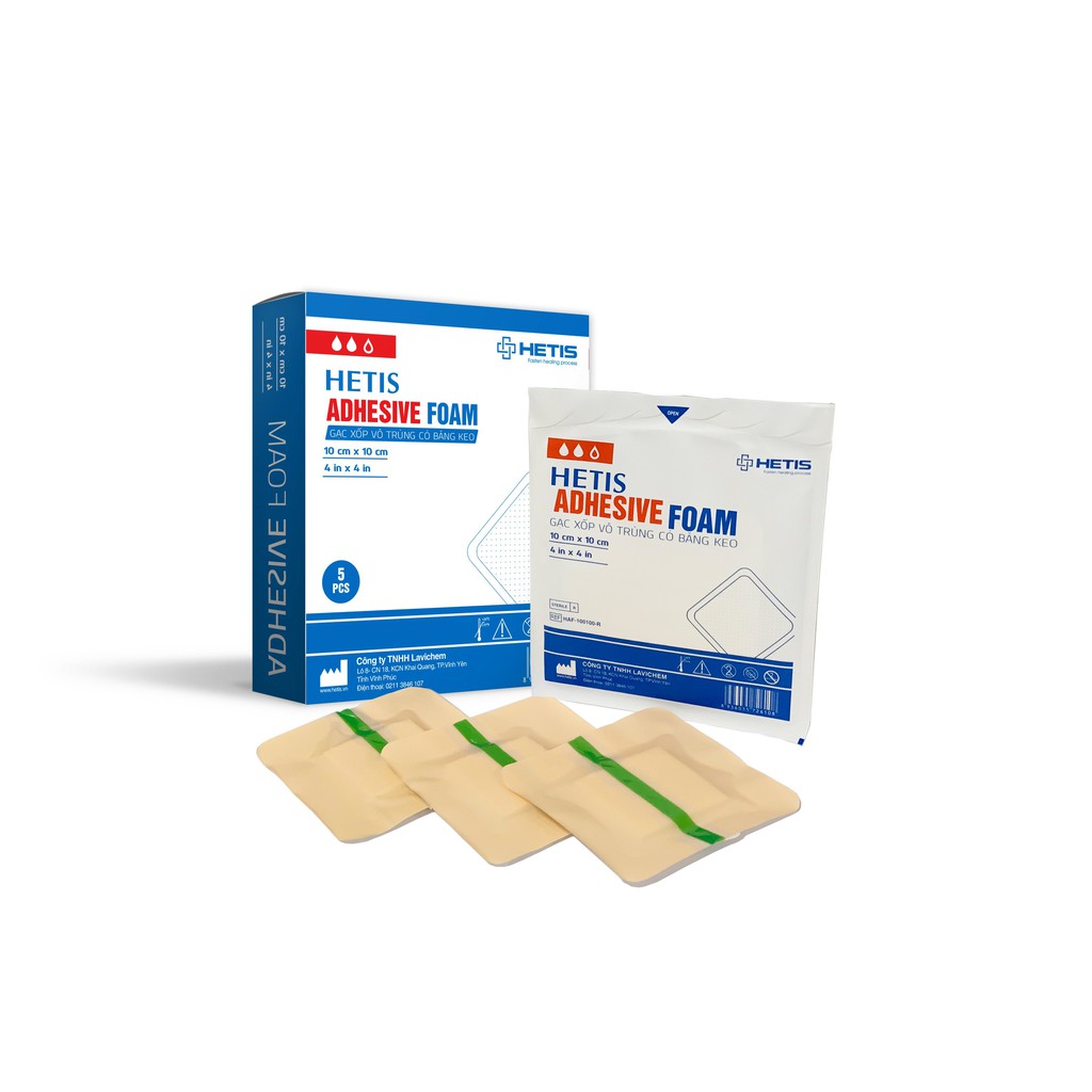 Hộp 10 miếng gạc xốp dán trực tiếp vào vết thương HETIS Adhesive Foam (nhiều size) - Gạc xốp vô trùng có băng keo