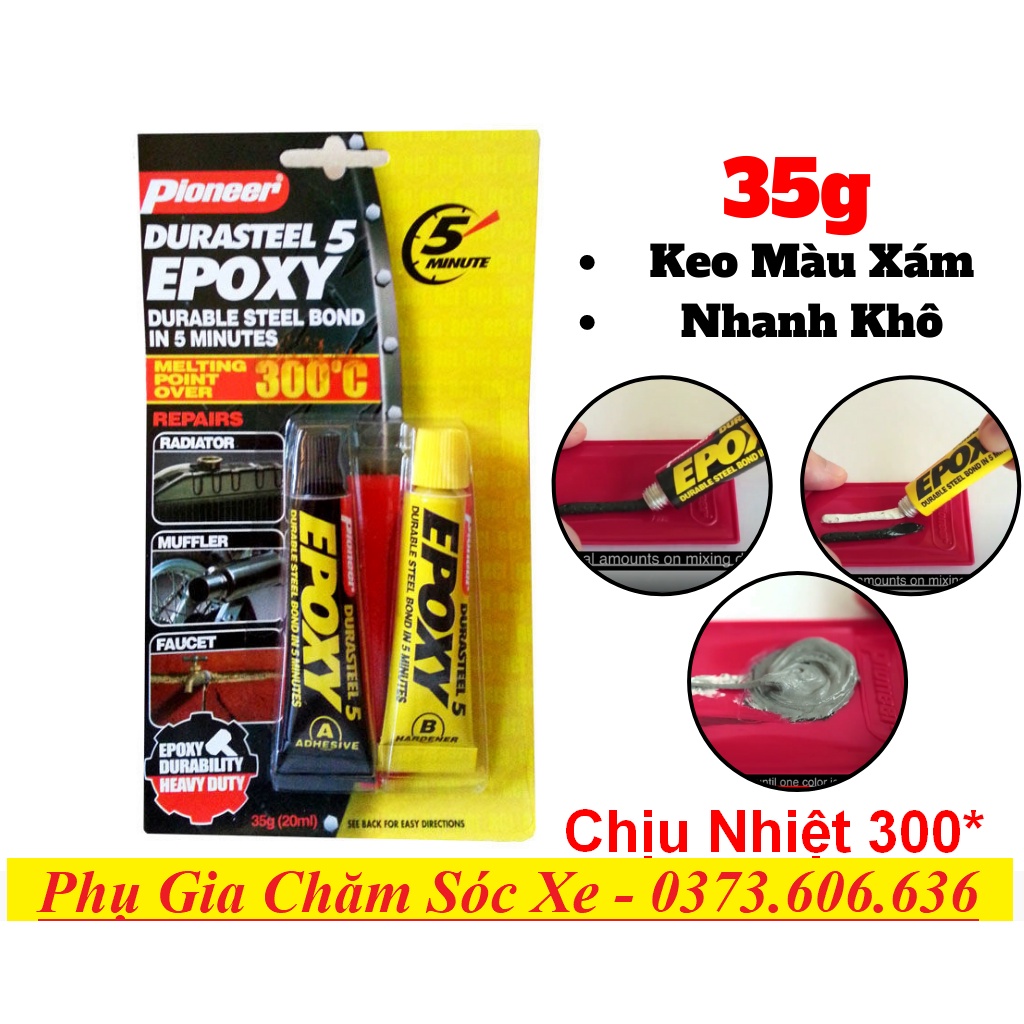 Keo Dán AB 2 Thành Phần Kim Loại Đa Năng Chịu Nhiệt Cao Trên 300ĐộC Pioneer Durasteel 5 Epoxy 35G chính hãng