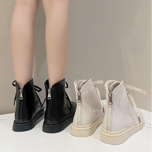 Boot cao cổ ulzzang  Meimei T8.13 Giày cao cổ nữ dạng bốt đế bằng chất liệu da PU có khóa kéo sau boots