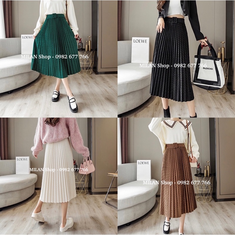 Chân váy nhung xếp ly dập ô kèm đai sang sịn