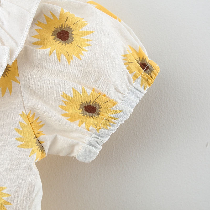 Váy  hình hoa hướng dương cổ búp bê tay ngắn có túi thời trang mùa hè cho bé gái 1-5 tuổi