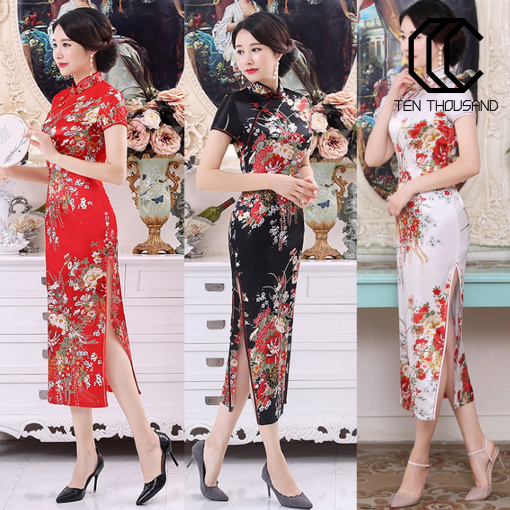 ♋Đầm Sườn Xám Cách Tân Cổ Đứng Xẻ Tà Họa Tiết Hoa Phong Cách Trung Quốc